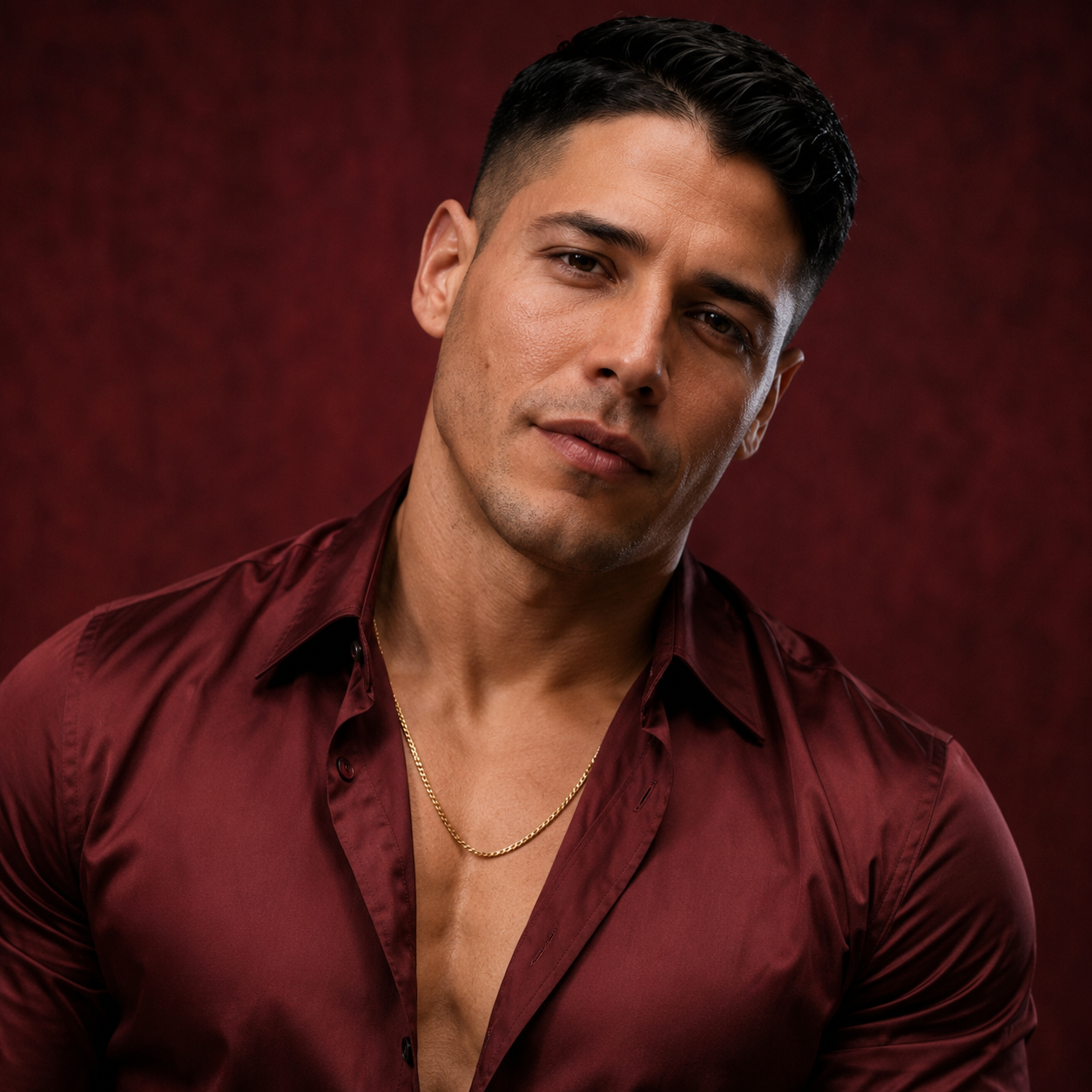 Retrato oficial de GIAN con camisa color burdeos