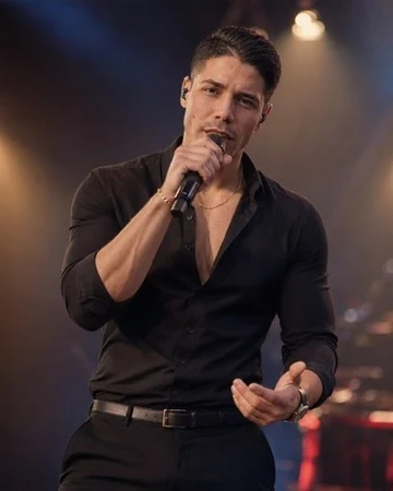 Primer plano de GIAN cantando sobre el escenario