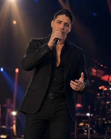GIAN interpretando una canción con traje negro